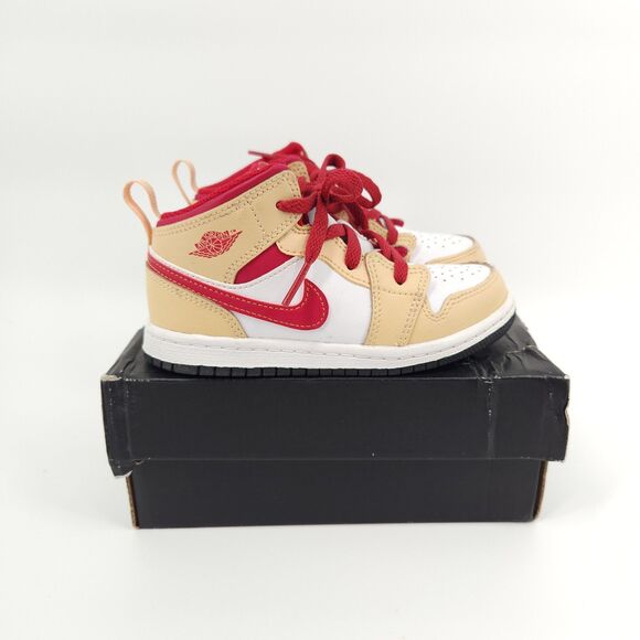 Nike Air Jordan 1 Mid TD  Shoes Toddler  Size 10C Tan Beige Red White 640735 201 - Picture 1 of 12